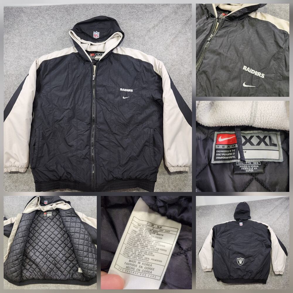 VTG 90s NIKE Las Vegas Raiders Jacket Mens 2XL Quilted Lined NFL Football Hooded